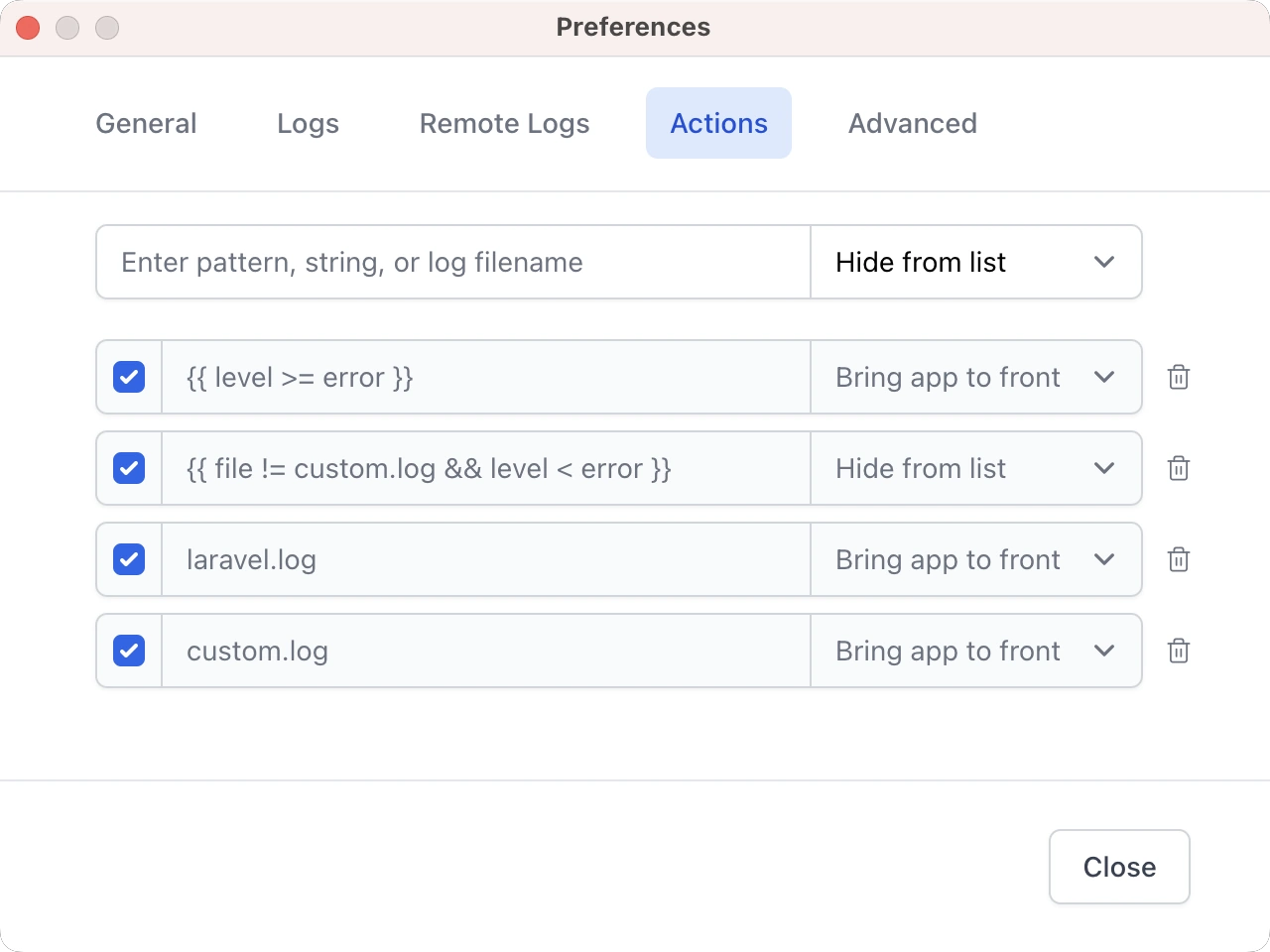 Actions settings