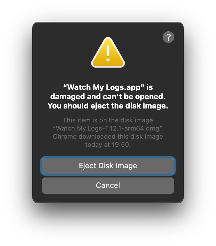 MacOS alert about damaged application